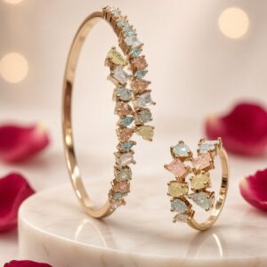 Aura Multicolor Pastel Fancy-Cut Mosaic Kada Bracelet With Ring-Gold Finish