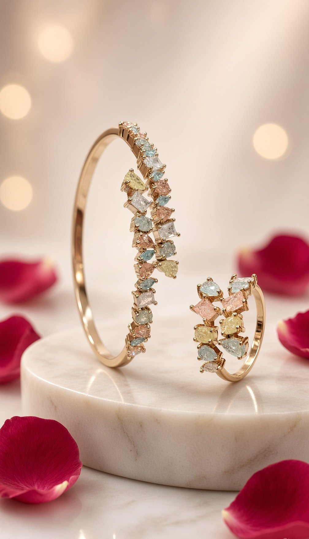 Aura Multicolor Pastel Fancy-Cut Mosaic Kada Bracelet With Ring-Gold Finish