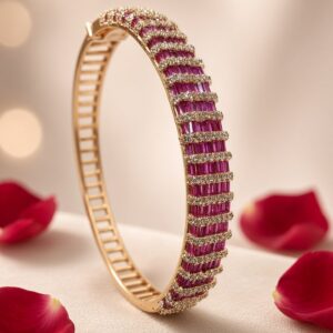 The Crimson Channel Baguette Ruby And Diamond-Style Kada Bracelet-Gold Finish