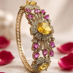 The Solistice Bloom Yellow And Pink Sapphire Diamond-Style Kada Bracelet-Antique Finish