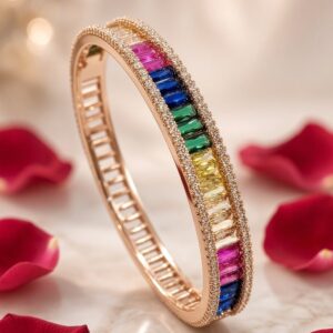 Gulzar Rainbow Multicolor Baguette Designer Kada Bracelet-Rose Gold Finish