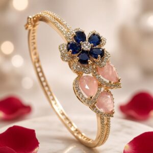 Midnight Romance Pavè Sapphire Flower And Peach Drop Kada Bracelet-Gold Finish