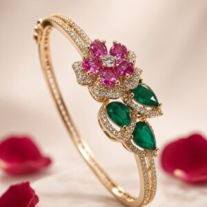 The Pink Blossom Ruby And Emerald Floral Kada Bracelet-Gold Finish