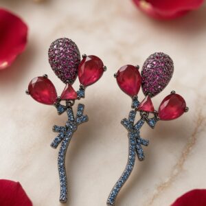 The Ruby Balloon Bouquet Stem Zirconia Earrings-Black Rhodium Finish