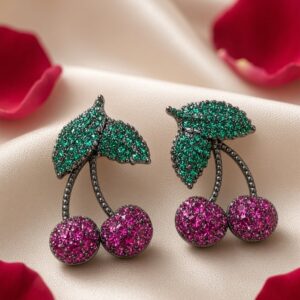 The Ruby Cherry And Emerald Leaf Earrings-Black Rhodium Finish