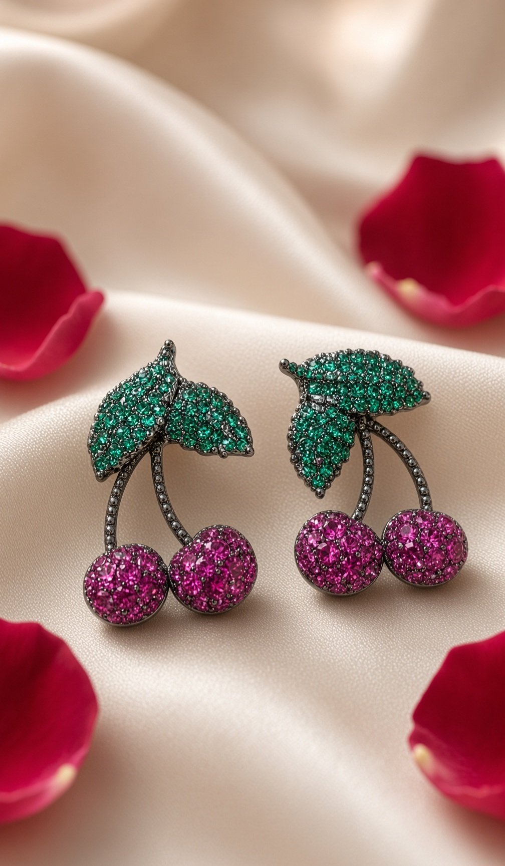 The Ruby Cherry And Emerald Leaf Earrings-Black Rhodium Finish