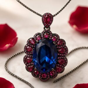 The Sovereign Crimson Halo Royal Blue Sapphire Oval Pendant-Black Rhodium Finish