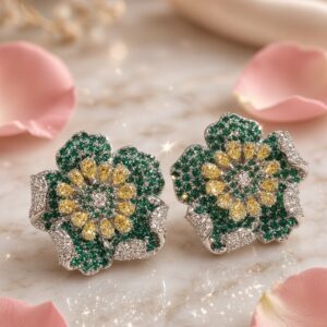 Samantha Emerald Green Stud Earrings- Platinum Finish
