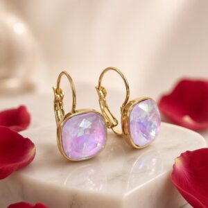 Iridescent Lavender Cushion-Cut Leverback Drop Earrings-Gold Finish