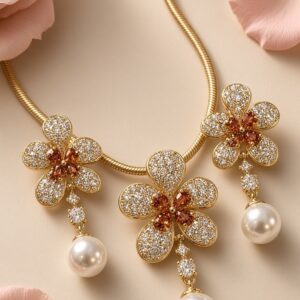 Ambre Épanouir Floral Blossom Pearl Drop Pendant Set-Gold Finish
