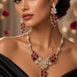 Seraphina Ruby Leaf And Diamond-Style Bridal Choker Set-Gold Finish