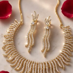 The Aurelia Feathered Crystal Collar Flame Sparkle Choker Set-Gold Finish