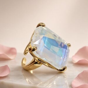 Aura Glow Iridescent Crystal Cocktail Adjustable Ring-Gold Finish