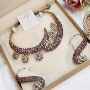 The Roseate Royale: Premium Purple Zirconia & Antique Golden Finish Floral Suite