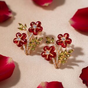 Radiant Florets Red-Olive Green Studs