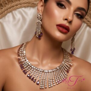 Enchanted Amethyst Zirconia Choker Necklace set With Earrings - Antique Finish