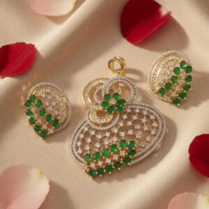 Majestic Aura Emerald Green Pendant Set - Golden Finish