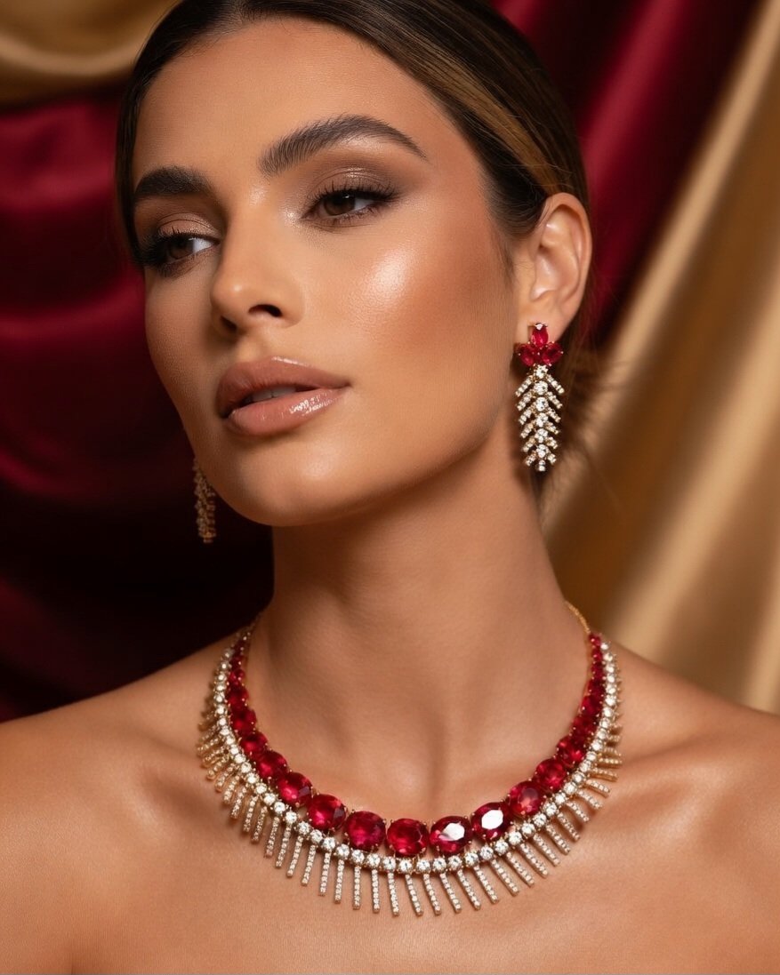 Fierce Red Glimmer Choker Set in Antique Finish