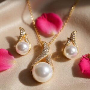 Glam Pearl Bloosom Pendant Necklace Set With Earrings