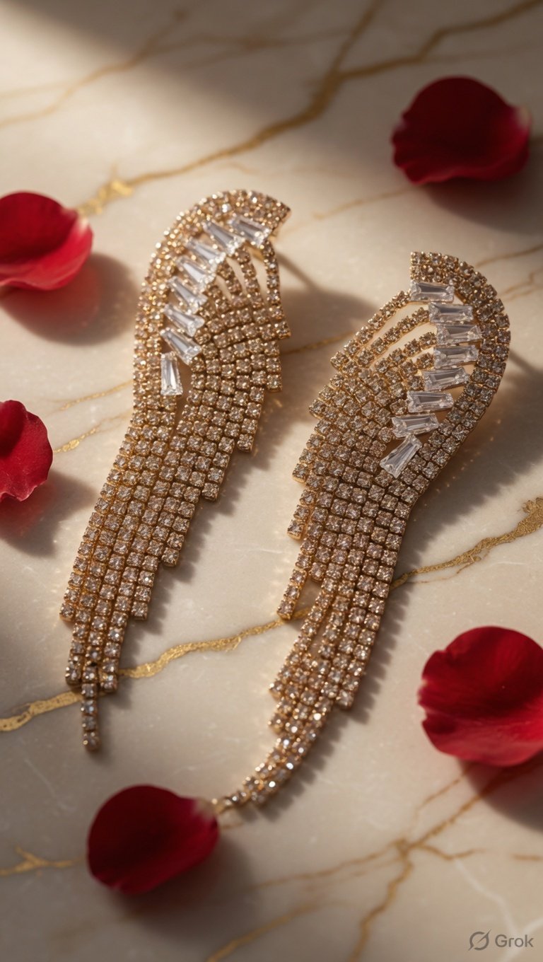 The Champagne Gala-Gold Rhinestone Fringe Angel Wings Statement Earrings-Gold Finish - Image 3