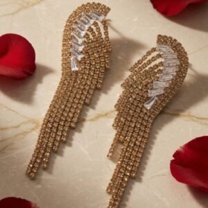 The Champagne Gala-Gold Rhinestone Fringe Angel Wings Statement Earrings-Gold Finish