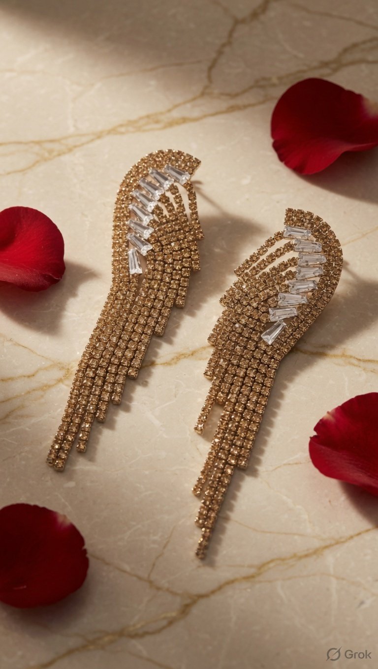The Champagne Gala-Gold Rhinestone Fringe Angel Wings Statement Earrings-Gold Finish
