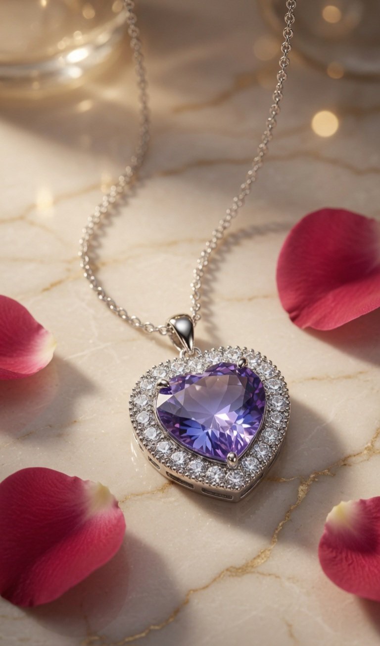 Amora Violet Heart Pendant-Platinum Finish