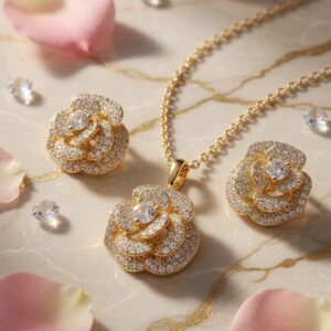 Luxury Rose-Shaped with Solitaire Center Stone Pendant Set-Gold Finish