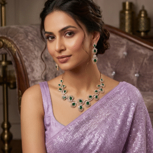 Asymmetric Vine Emerald Scallop Wave Zirconia Choker Set-Gold Finish