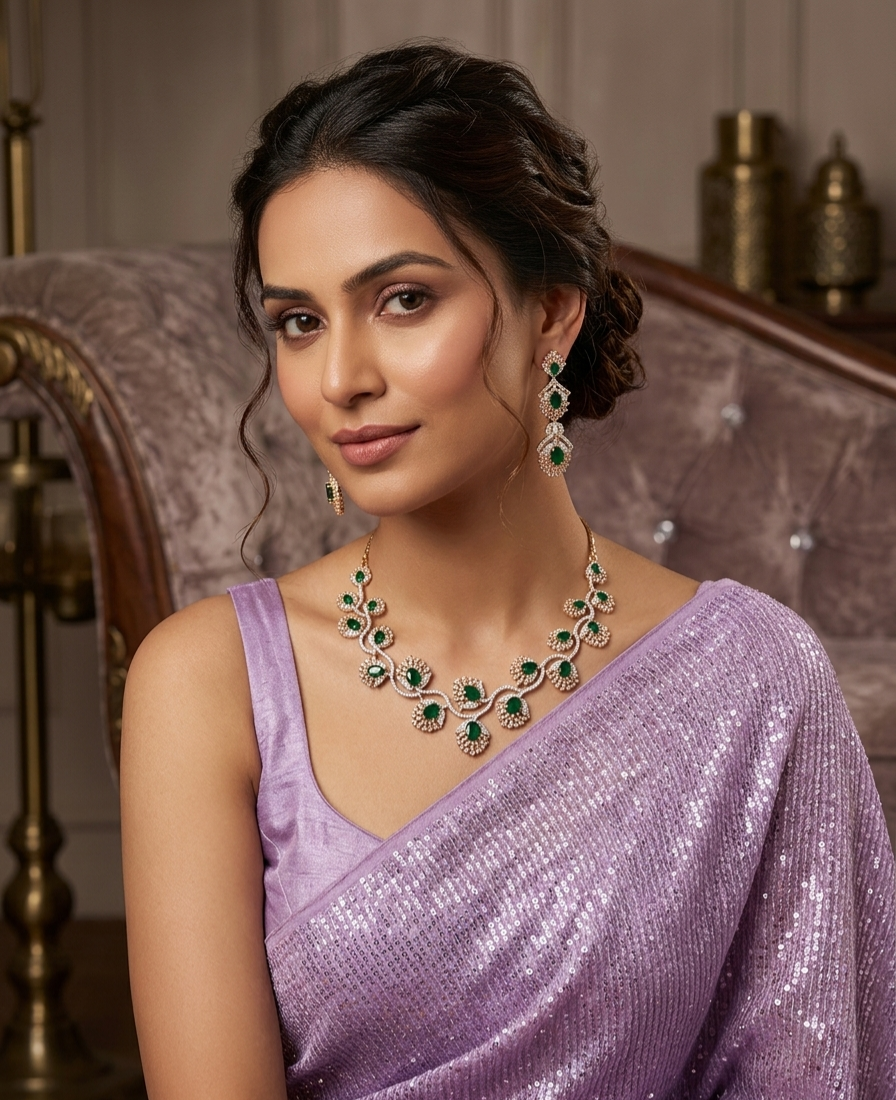 Asymmetric Vine Emerald Scallop Wave Zirconia Choker Set-Gold Finish - Image 2