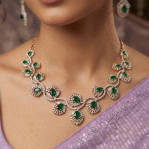 Asymmetric Vine Emerald Scallop Wave Zirconia Choker Set-Gold Finish