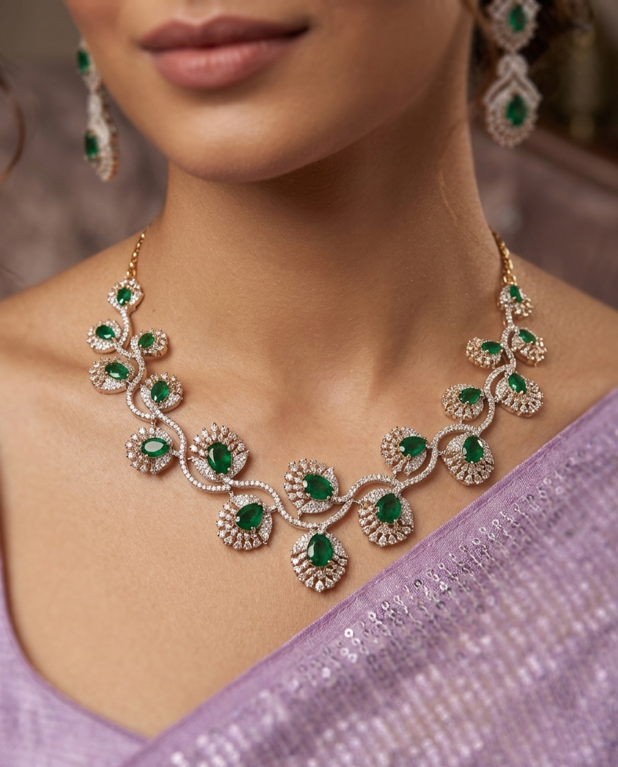 Asymmetric Vine Emerald Scallop Wave Zirconia Choker Set-Gold Finish