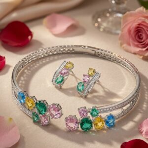 The Riviera Pastel Sapphire And Emerald Open Cuff Hasli Set With Hoops-Platinum Finish