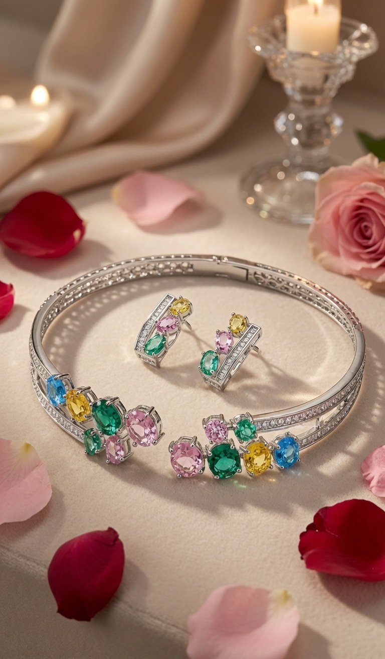 The Riviera Pastel Sapphire And Emerald Open Cuff Hasli Set With Hoops-Platinum Finish