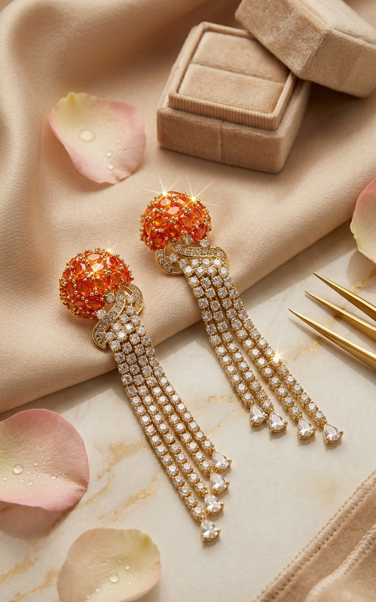 Valencia Fire Opal Dome Waterfall Earrings-Gold Finish