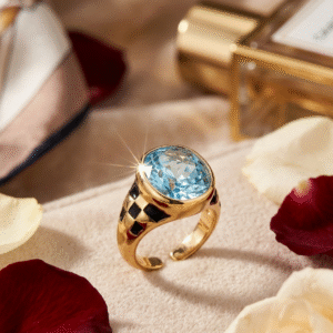 Sloane Luxury Blue Topaz And Black Enamel Checkered Adjustable Ring-Gold Finish