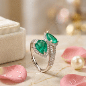 Verdant Twin Petal Pavè Pear Gemstone Ring-Platinum Finish (Size 8 )
