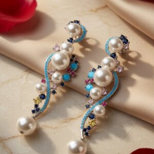 The Caspian Wave South Sea Pearl Turquoise And Sapphire Cluster Earrings-Platinum Finish