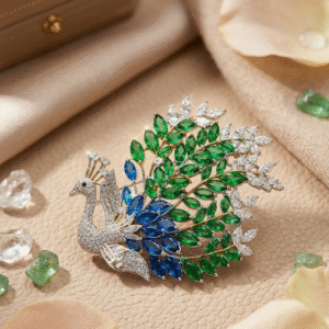 Royal Blue And Emerald Peacock Fine Brooch-Platinum Finish