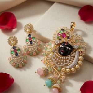 Scared Pushtimarg Krishna Luxury Navratana and Pearl Trim Pendant Set-Gold Finish