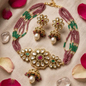 Noor Kundan Rani Bridal With Multi-Strand Beads With Festive Jumkas-Gold Finish