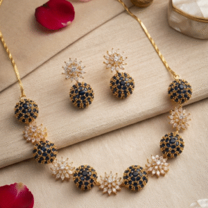 Luxury Sapphire Blue Dome And Starburst Choker Set-Gold Finish