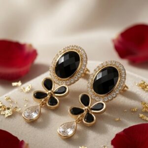 The Noir Royale Art Deco Black Floral Earrings-Gold Finish