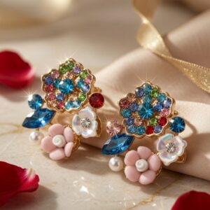 The Empress MosaicVibrant Multi-Colour Floral Earrings-Gold Finish