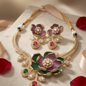 The Avant-Garde Heritage Majestic Petals Luxury Plum And Green Floral Choker Set-Gold Finish