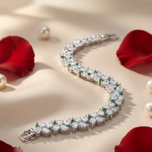 Luxury Silver Pear-Cut Link Tennis Bracelet With Emerald Accent-Platinum Finish
