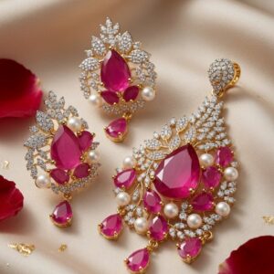The Royal Rani Ornate Ruby And Peral Quartz Pendant Set-Gold Finish