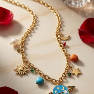 The Odyssey Enamel Saturn And Cosmic Multi-Charm Necklace-Gold Finish