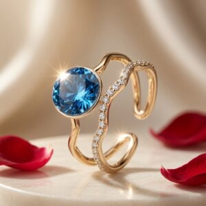 Marina Wave-Inspired Ocean Blue Topaz Bypass Adjustable Ring-Gold Finish