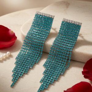 Teal Cascade Turquoise Waters Crystal Tassel Statement Earrings-Platinum Finish